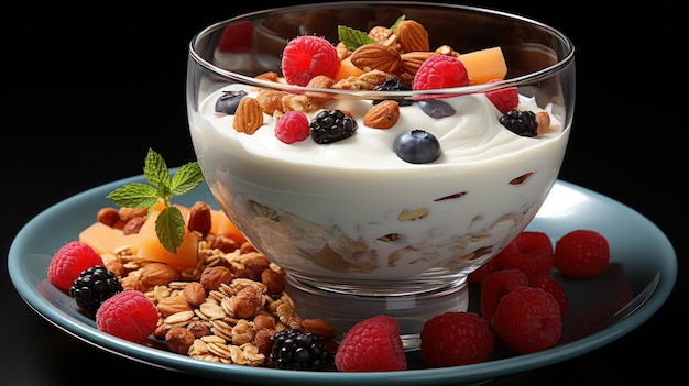 Lo yogurt bianco con carta da parati UHD di mussolo e frutta