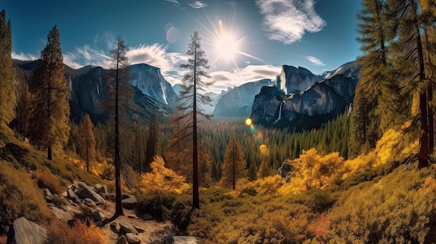 Lo Yosemite National Park in California è un paradiso per gli amanti della natura con imponenti scogliere granitiche generate dall'intelligenza artificiale