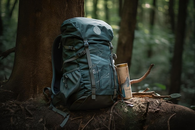 Lo zaino da trekking da vicino è in piedi a terra nel sentiero nel bosco