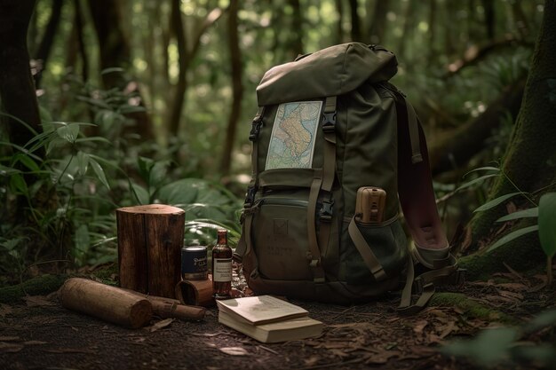 Lo zaino da trekking da vicino è in piedi a terra nel sentiero nel bosco