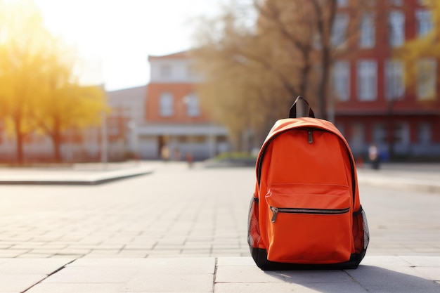 Lo zaino scolastico nel parco e la scuola sullo sfondo