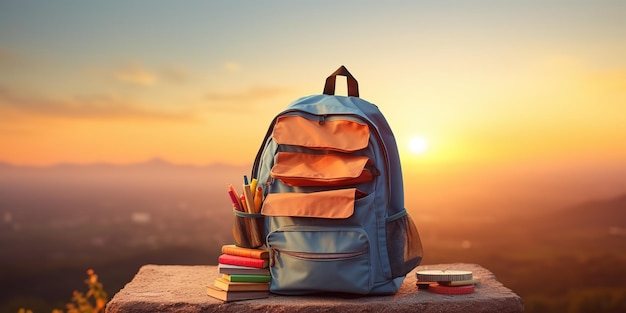 Lo zaino si erge su una torre di libri contro il cielo al tramonto