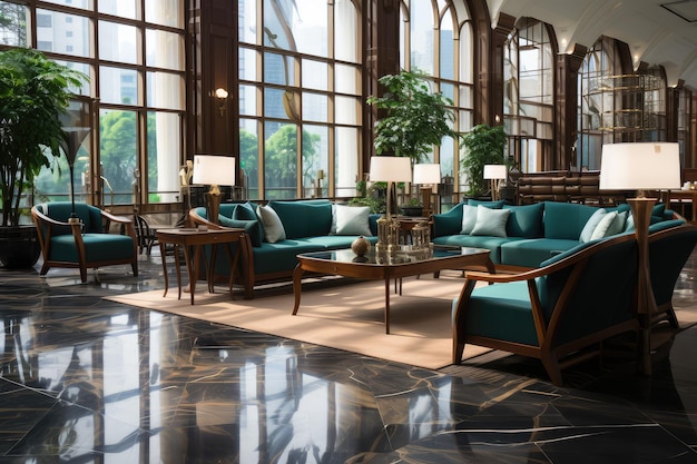 Lobby dell'hotel con mobili in stile di lusso fotografia pubblicitaria professionale generata ai