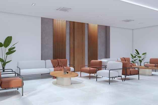 Lobby dell'ufficio contemporaneo o interno della sala d'attesa con mobili Design accogliente concetto 3D Rendering