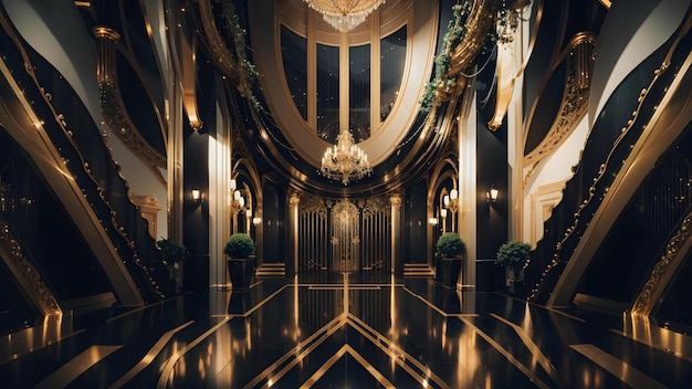 Lobby futuristica di lusso con sfondo concetto oro nero IA generativa