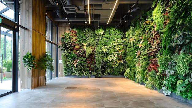 Lobby moderno per uffici con lussureggiante giardino verticale e illuminazione naturale