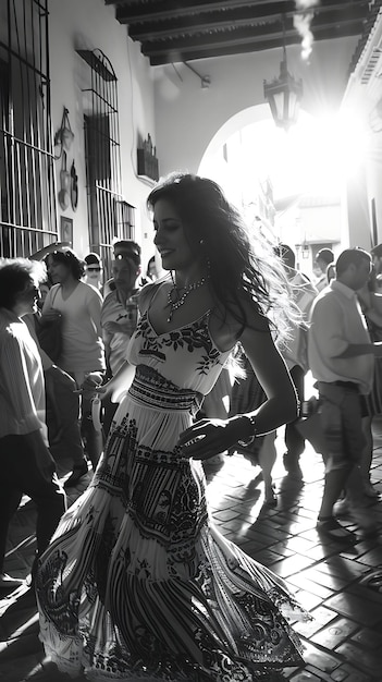 Locali che ballano alla musica flamenco in una piazza spagnola con tap Neighbor attività di vacanza sullo sfondo