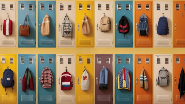 Locker scolastico aperto nel corridoio della scuola con le cose degli studenti conservate