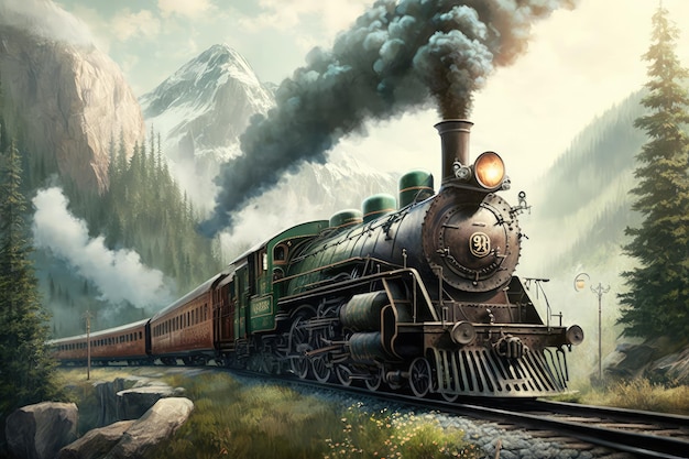 Locomotiva a vapore che tira treno di autovetture attraverso un paesaggio panoramico