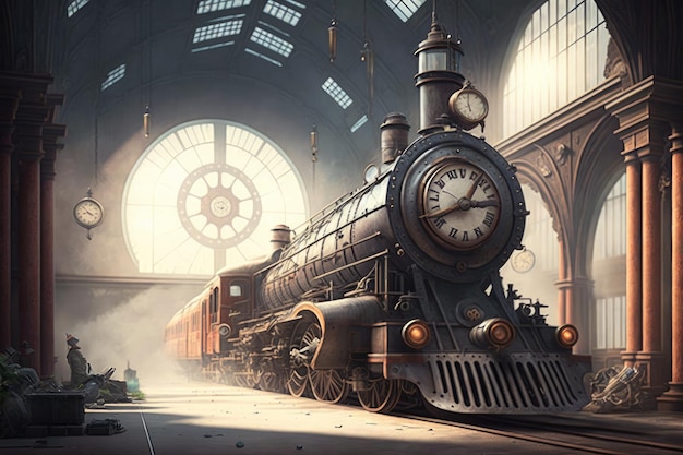 Locomotiva a vapore in un'illustrazione del rendering 3D della stazione ferroviariaIA generativa