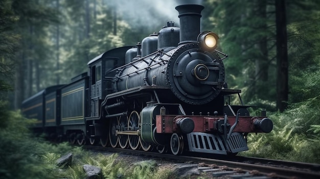 Locomotiva a vapore nella foresta generativa ai