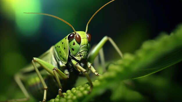 Locusta verde sulla foglia Bellissima locusta ad alto contrasto