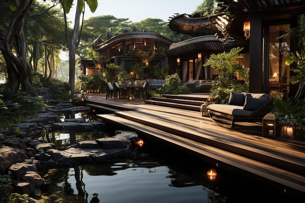 Lodge in legno in stile tailandese progettato per il relax e la meditazione Generato con l'intelligenza artificiale