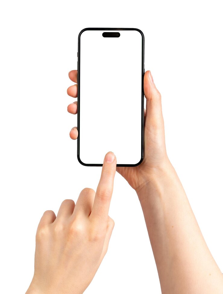 Foto lodz polonia 14 maggio 2023 smartphone schermo mockup iphone 14 pro max display vuoto mockup dito clic isolato su bianco