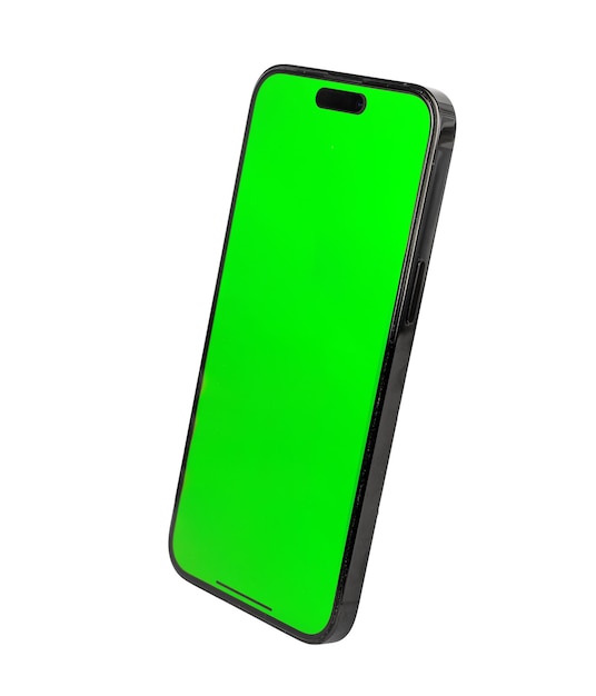 Lodz Polonia 19 giugno 2023 Iphone 14 pro max cellulare con schermo verde mockup isolato su sfondo bianco