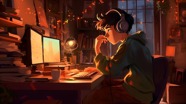 Lofi Girl Style con un ragazzo che studia e ascolta musica