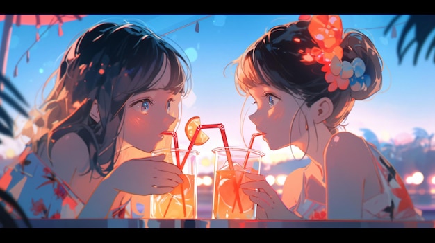 Lofi Ragazze che bevono cocktail su un bar sulla spiaggia disegno di sfondo dell'illustrazione anime IA generativa