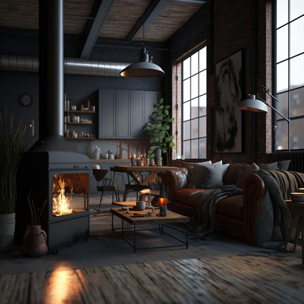 Loft in stile industriale con camino in un soggiorno buio IA generativa