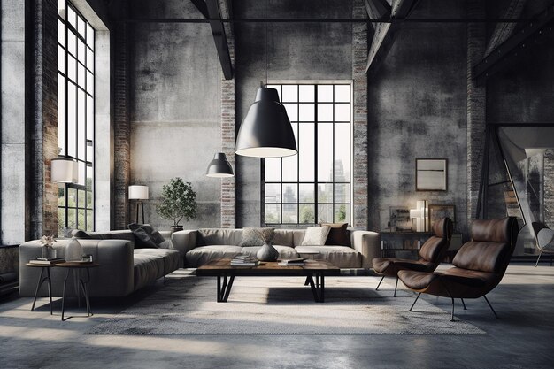 Loft in stile industriale con condotti esposti e pavimenti in cemento