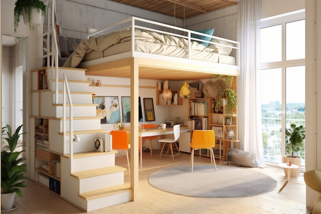 Loft interno con letto sospeso dal design moderno Generative AI