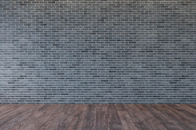 Loft interno con muro di mattoni grigio vuoto e pavimento in legno