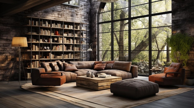 Loft soggiorno di lusso con pouf e libreria AI generativa