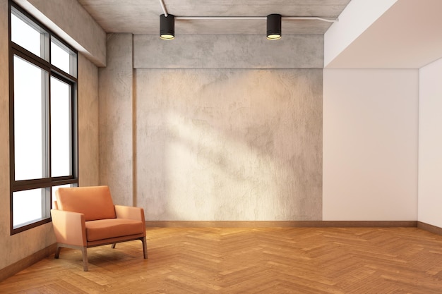 Loft stanza vuota con parete in cemento nudo e poltrona da pavimento in legno e lampada da soffitto 3d rendering