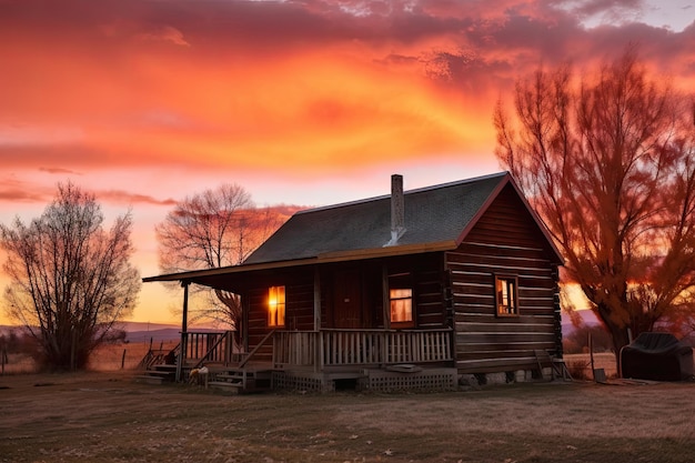 Log cabin house sostenuta dal tramonto con sfumature arancioni e rosa nel cielo