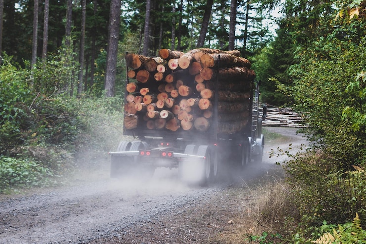 Photo logging truck hauling a full load down a dusty dirt road