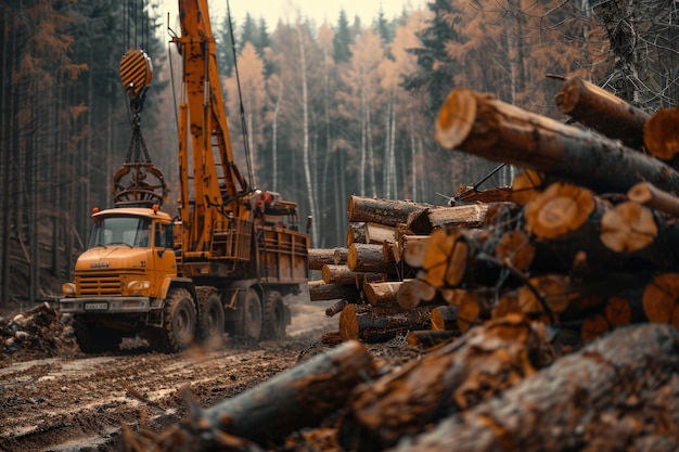 Loghi di carico con gru per il trasporto di legname nell'industria forestale