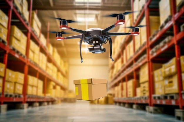 Logistica di magazzino Drone che trasporta piccoli pacchi all'interno