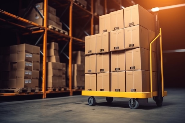 Logistica di magazzino in azione Scatole di cartone trasportate su transpallet manuali