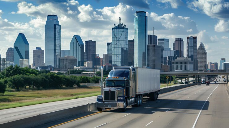 Logistics truck driving on a highway with a city skyline in the background