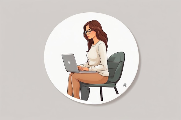 logo adesivo minimalista donna seduta in un portatile semplice stile cartoon bianco sullo sfondo