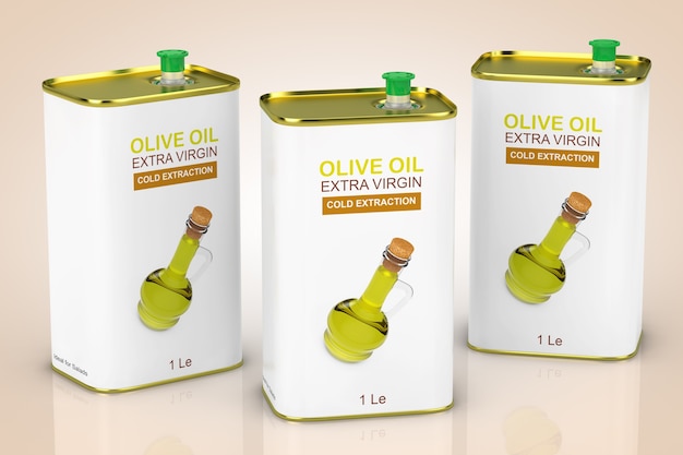 Logo astratto olio d'oliva extra vergine metallo può su uno sfondo arancione. Rendering 3D