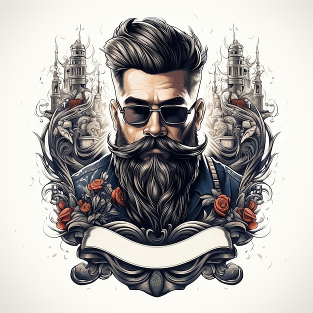 logo con la testa di un elegante uomo barbuto con baffi L'emblema del salone da barbiere per uomo su sfondo bianco