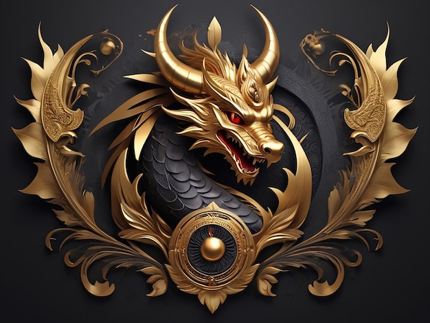 Logo del drago dorato 3D con ali d'oro e incisioni intricate