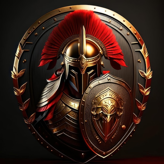 Logo del guerriero con scudo e casco con dettagli dorati AI generativa
