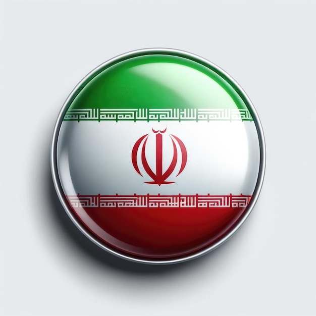 Logo del pulsante 3D con bandiera iraniana su sfondo bianco