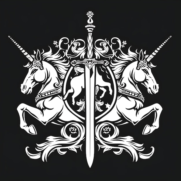 Logo dell'emblema araldico dei cavalieri rinascimentali con unicorni e T-shirt Sw Tattoo Ink Outline CNC Design