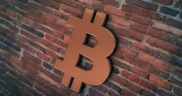 Logo della criptovaluta 3d della moneta Bitcoin sullo sfondo della parete strutturata