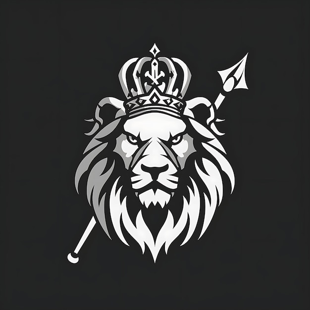 Logo della mascotte Regal Lion con una corona e uno scettro disegnato da WitSimple Tattoo Ink Design Outline Art