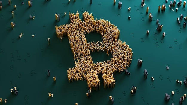 Logo della moneta bitcoin d'oro composto da numeri 3d su sfondo astratto