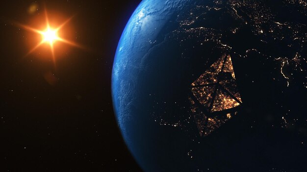 Logo della moneta ethereum incandescente sopra lo sfondo della terra e dello spazio
