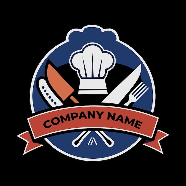logo dello chef con disegno di silhouette di cappello e coltello