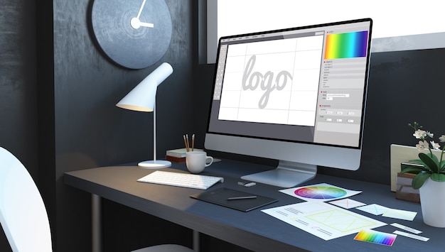 Logo design sul posto di lavoro interni. Rendering 3D