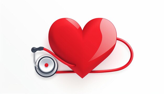 Logo di cuore rosso con tappo di infermieristica in cima stetoscopio su sfondo bianco
