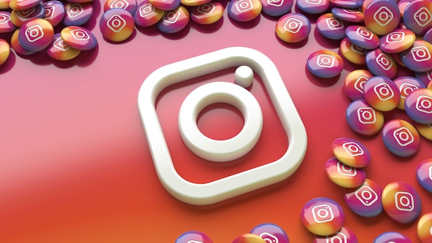 Logo di instagram 3d su uno sfondo colorato sfumato circondato da un sacco di pillole lucide di instagram