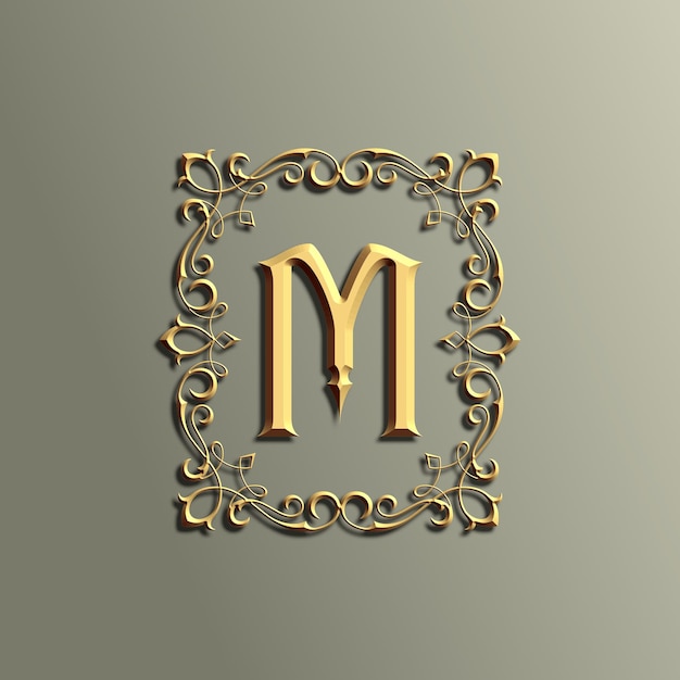 logo di lusso 3d vintage lettera M con ornamento