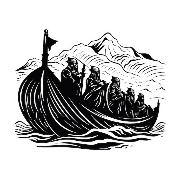 Logo di vichinghi in barca in bianco e nero generato da AI